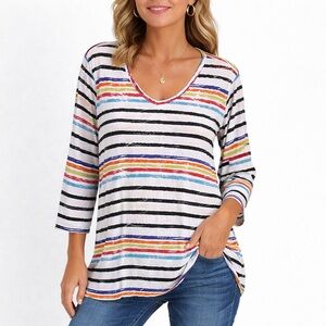 Pleats Striped V Neck Tunic Top Large Colorful 3/4 Sleeve